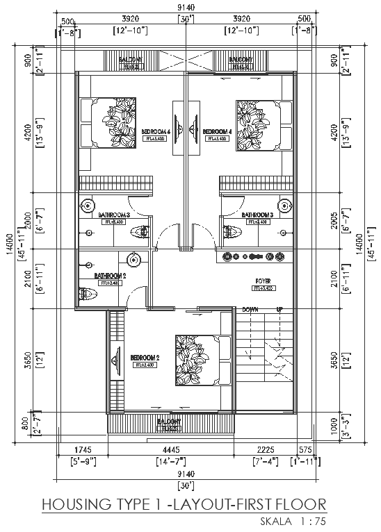 Three bedroom design with furniture layout on first floor of house DWG AutoCAD drawing