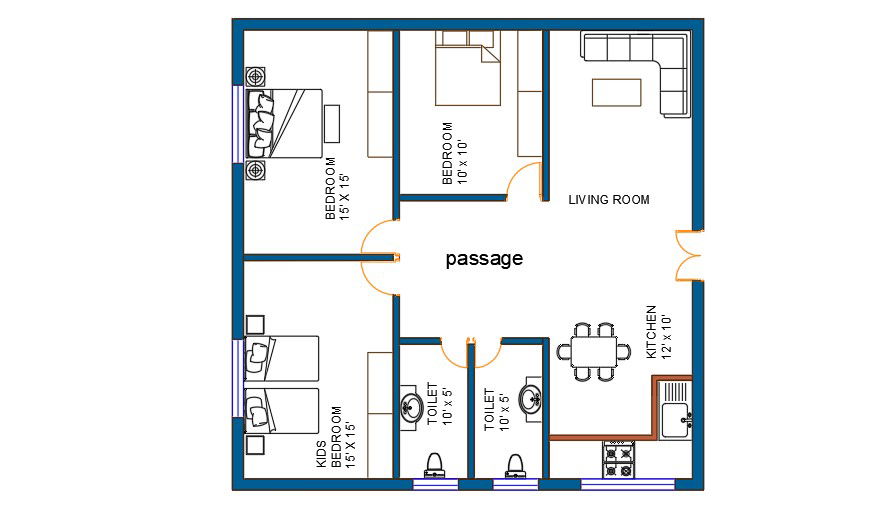 Three bedroom, hall, Kitchen plan and furniture layout
