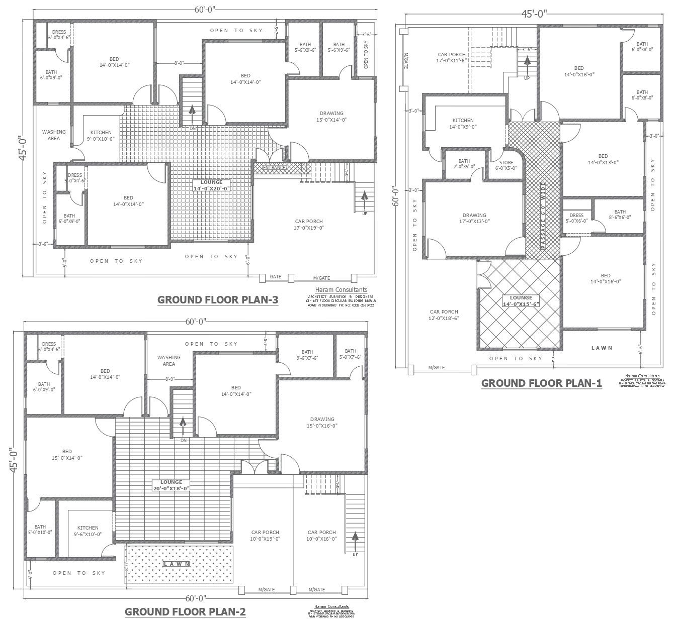 Three options for house plan design with detail in autocad dwg drawing .