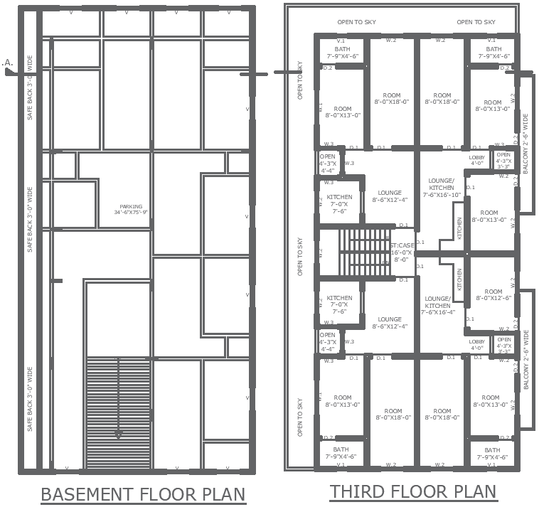 Three storey 4bhk apartment design with detailed basement plan DWG autoCAD drawing