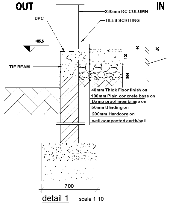 Tie Beam With Foundation Section CAD Drawing DWG File