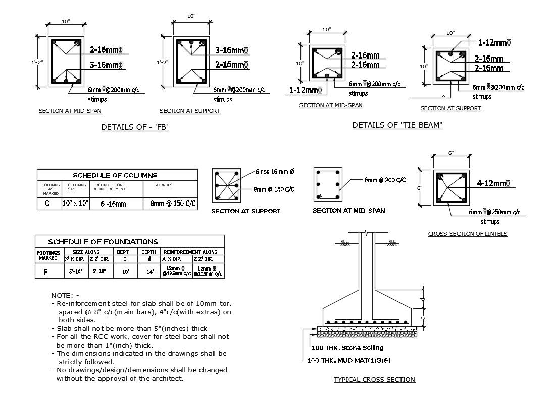 Tile beam foundation, schedule and structure details dwg file