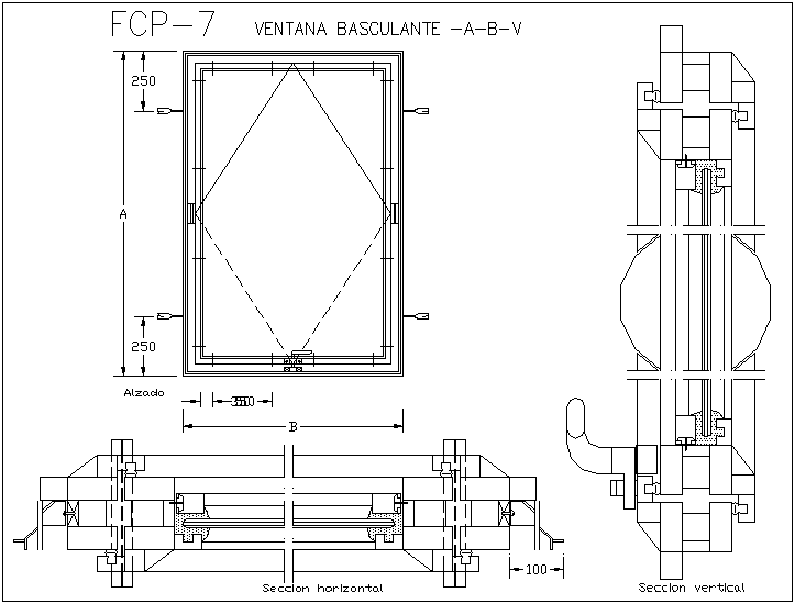 Tilting window view with horizontal and sectional view dwg file