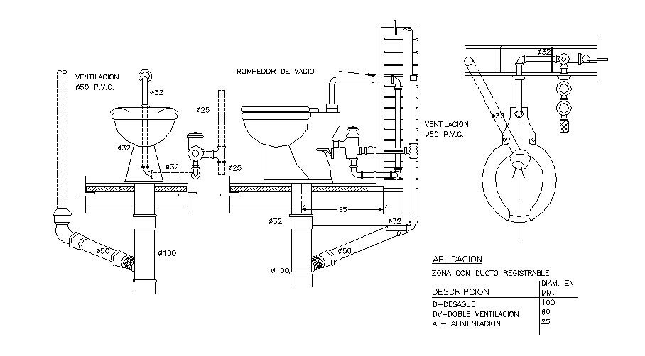 Toilet connection, installation and plumbing details dwg file