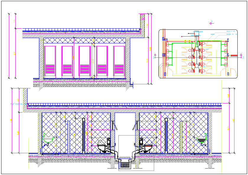 Toilet of office building plan view and elevation view detail dwg file