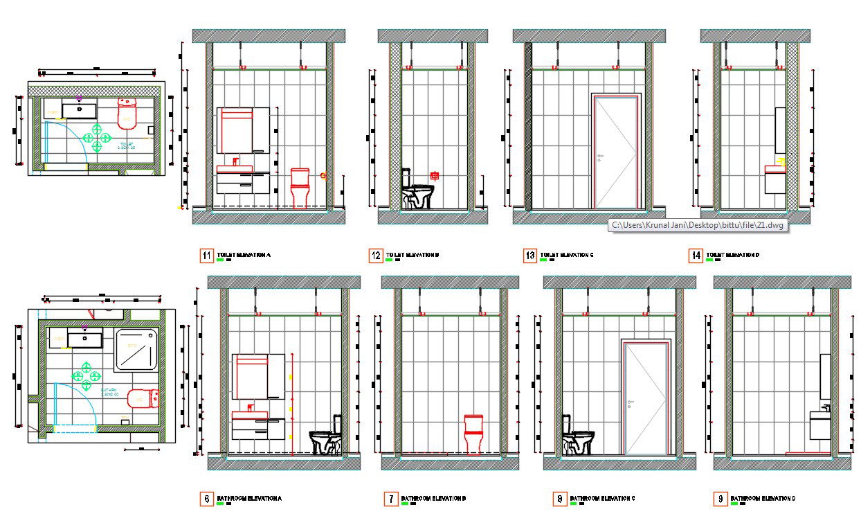 Toilet Plan And Sectional Elevation Design DWG File
