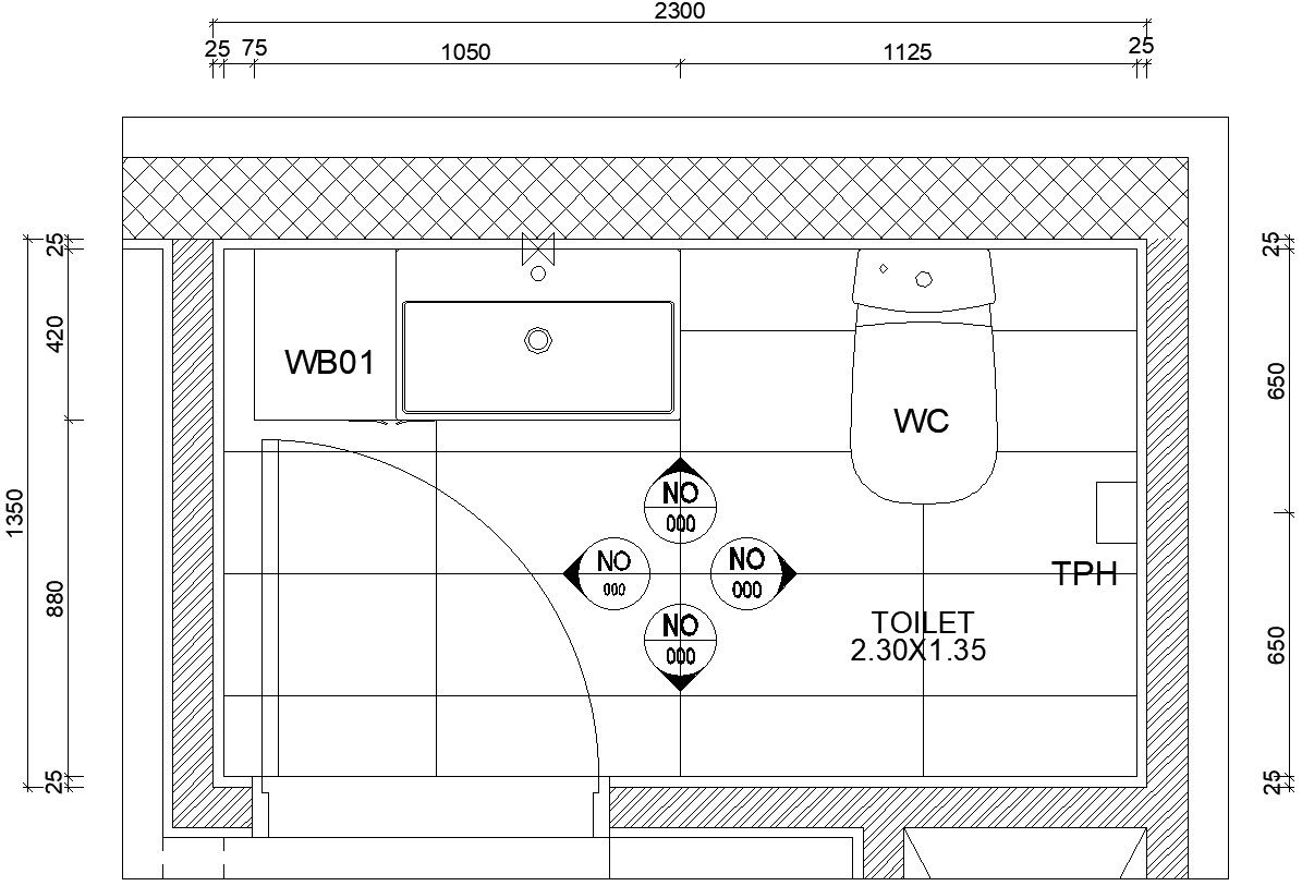 Toilet bathroom plan with detail dimensions in AutoCAD, dwg file.