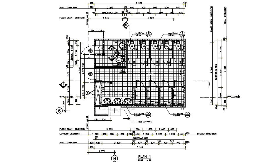 Toilet detail of commercial building. Download 2d autocad drawing file.
