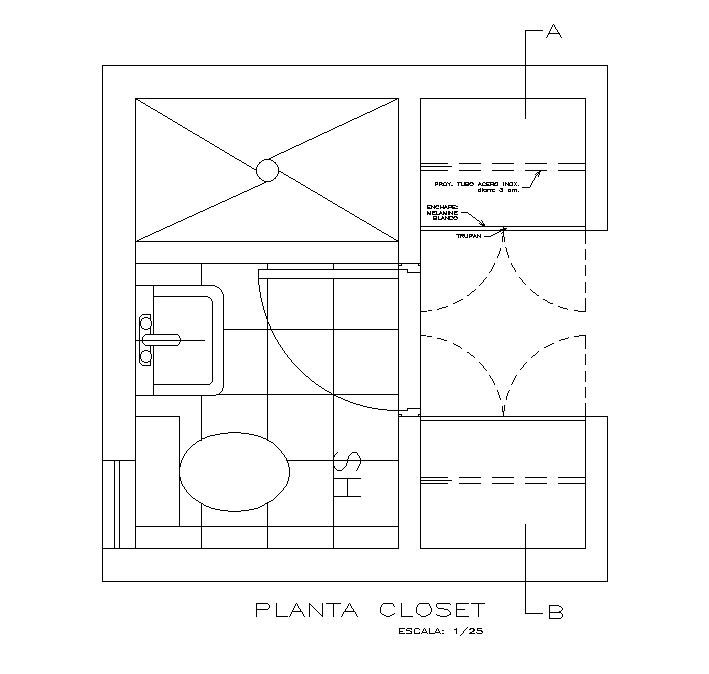 Toilet floor plan detail drawing provided in this CAD drawing file. Download this 2d AutoCAD drawing file.
