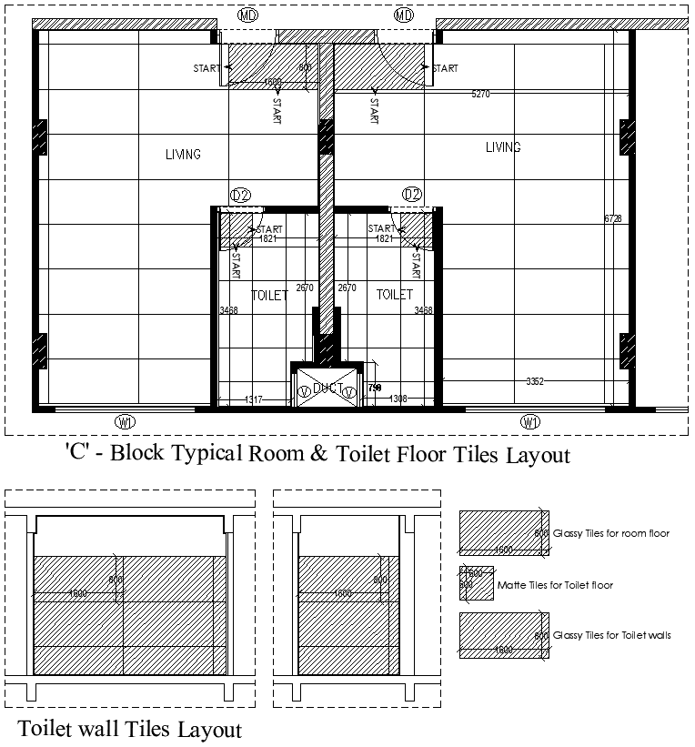 Toilet floor tiles and wall tiles layout DWG AutoCAD drawing