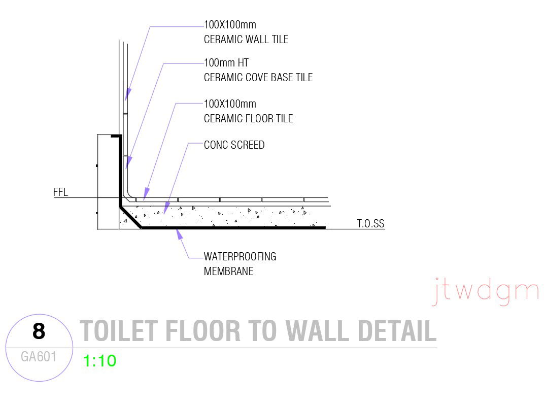 Toilet floor to wall details in AutoCAD 2D drawing, dwg file, CAD file