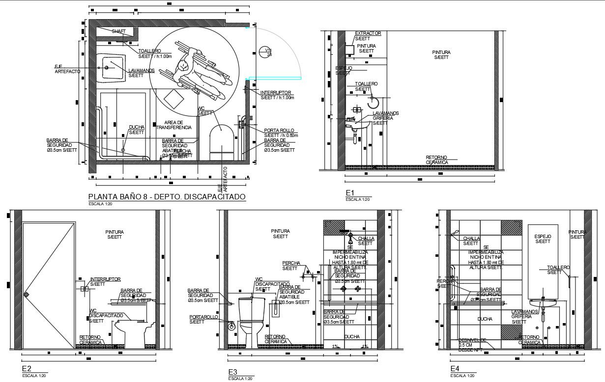 Toilet for Handicapped Persons Elevation and Section Design DWG File