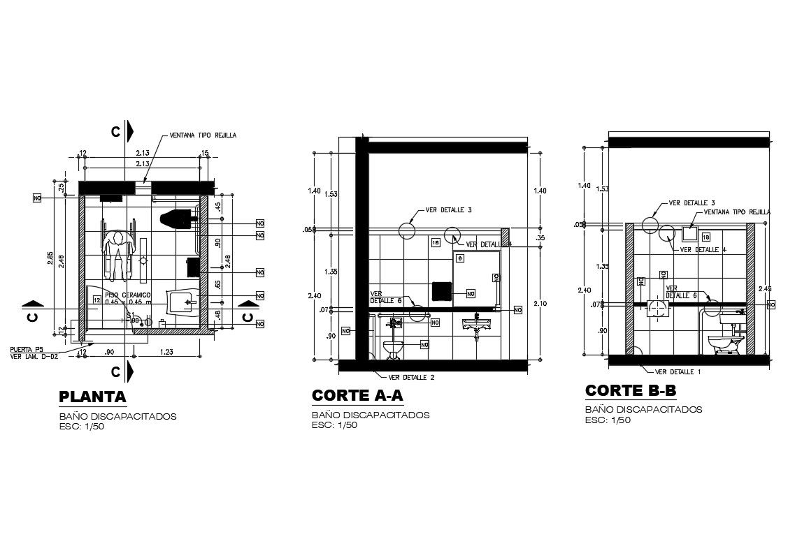 Toilets for handicapped in hospital- section and plan details dwg file