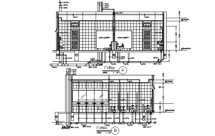 Toilet side Elevation with plumbing pipe connection and typical section details are given in this AutoCAD DWG drawing file. Download the AutoCAD 2D DWG file.