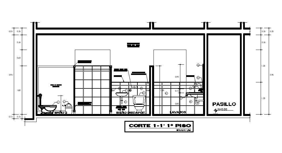 Toilet side section detail defined in this AutoCAD drawing file. Download the AutoCAD drawing file.