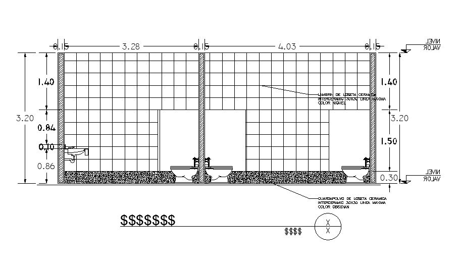 Toilet Side Section Detail AutoCAD DWG with Dimensions and Materials