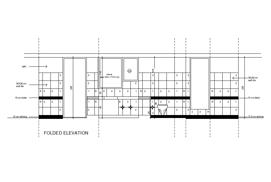 Toilet wall tiling detail drawing separated in this AutoCAD file. Download this 2d AutoCAD drawing file.
