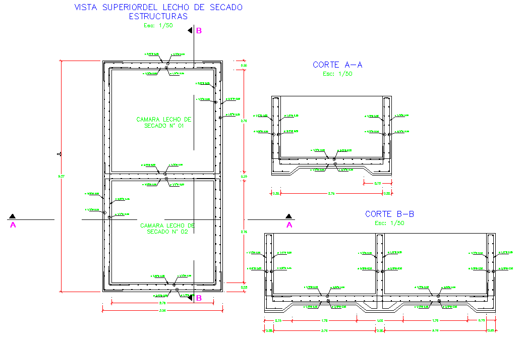Top view of the draying bed structures dwg file