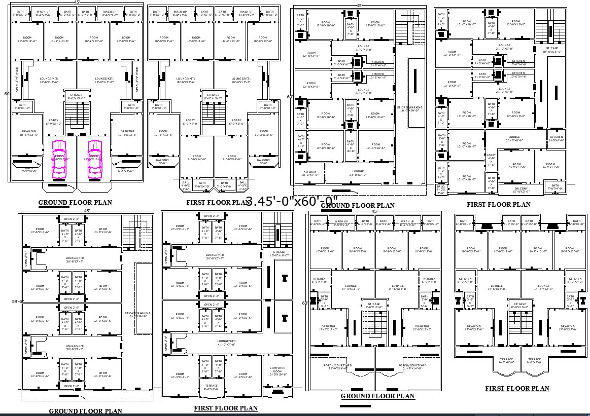 Top Four Residential Floor Plans for 45x60 Plot DWG File