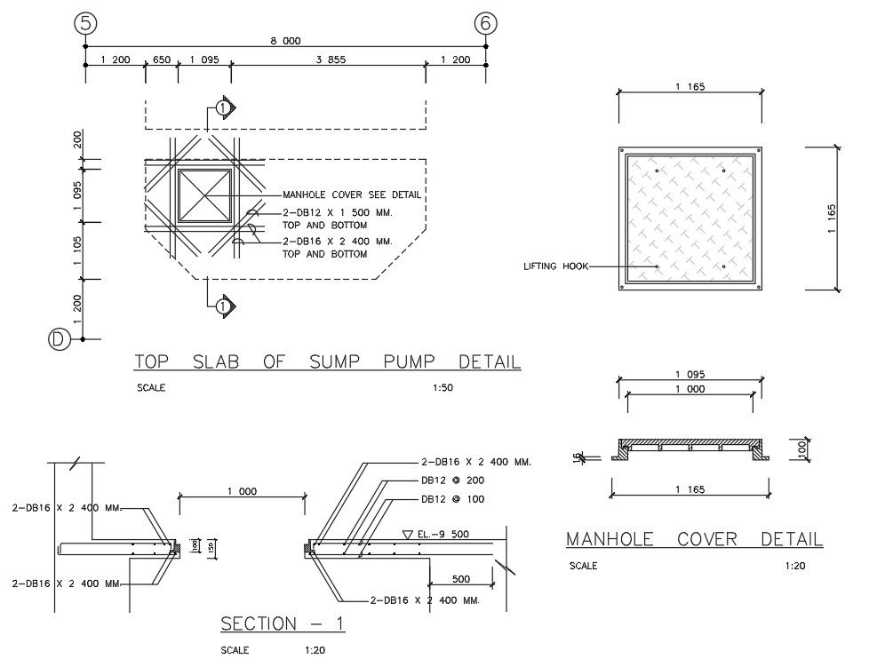 Top Slab of sump pump details and manhole cover details are given in this AutoCAD DWG Drawing File. Download the AutoCAD DWG file