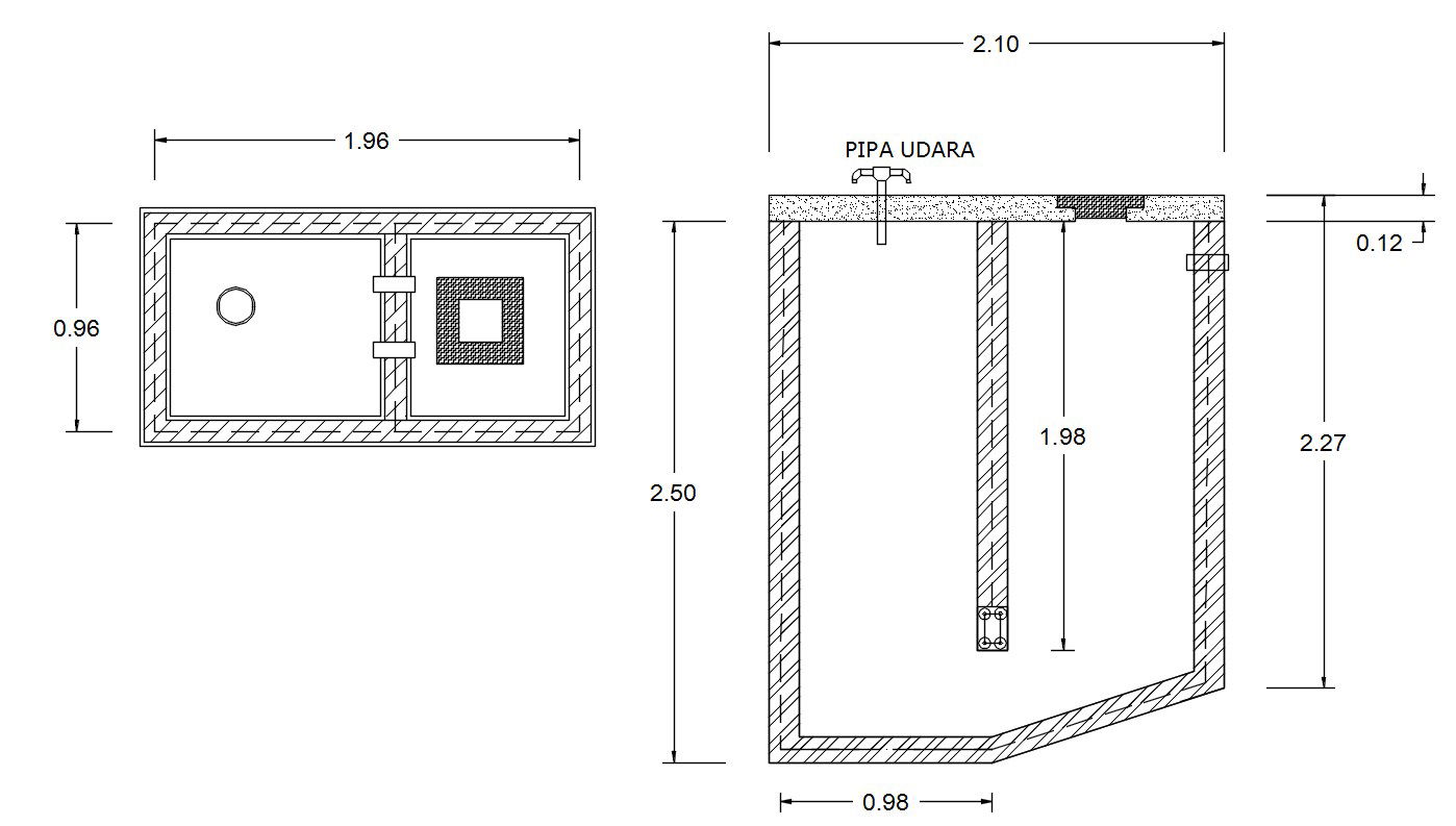 Top and section view of the septic tank in AutoCAD 2D drawing, CAD file, dwg file
