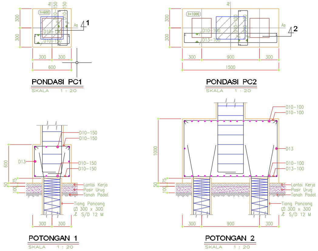 Top elevation and section design of the foundation in AutoCAD 2D drawing, CAD file, dwg file