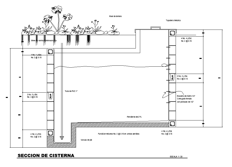 Top section view of 10x7m cistern (water tank) is given in this AutoCAD drawing model. Download now.