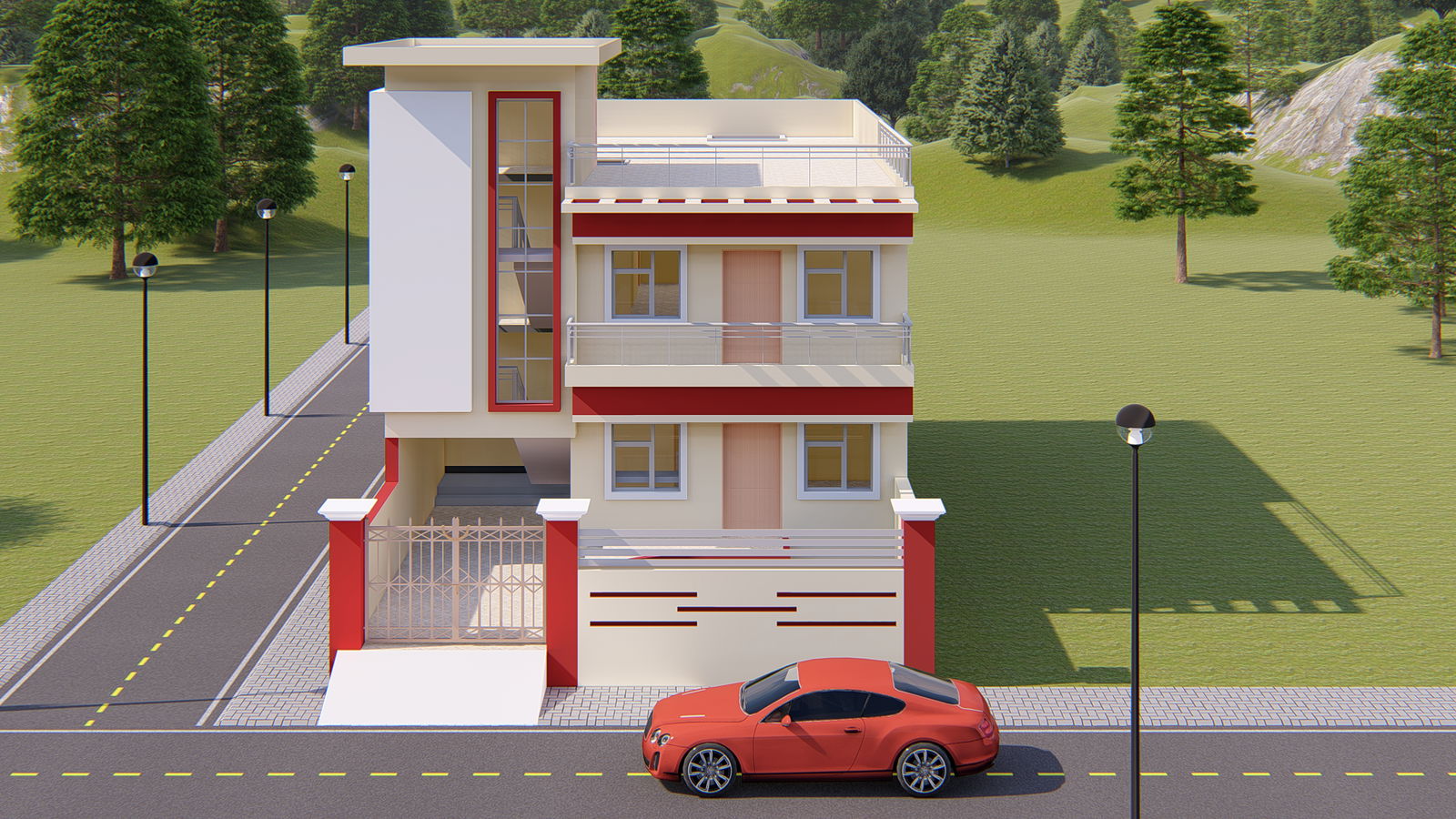 Top view cum front view of 3D bungalow house has been given in this Revit file. Download now.