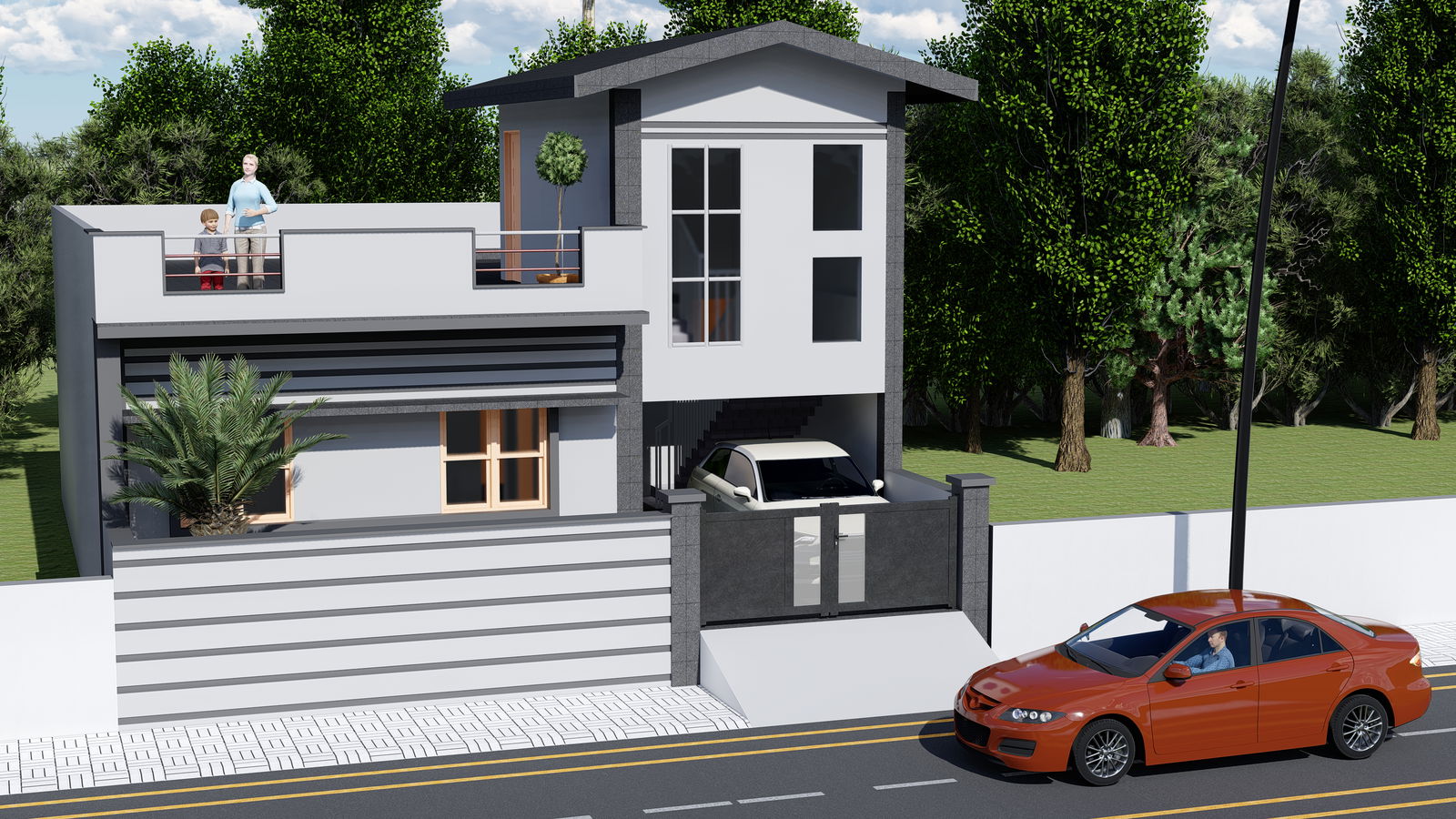 Top view cum front view of 3D bungalow house is given in this Revit file. Download now.