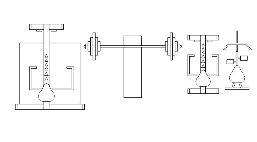 Top view of exercise machines cad blocks in AutoCAD, dwg file.