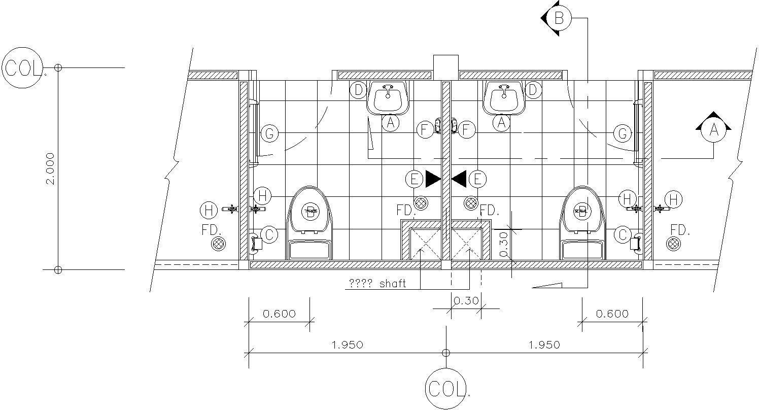 Top View Toilet DWG File Showing Washbasin, Ventilator, and Shaft
