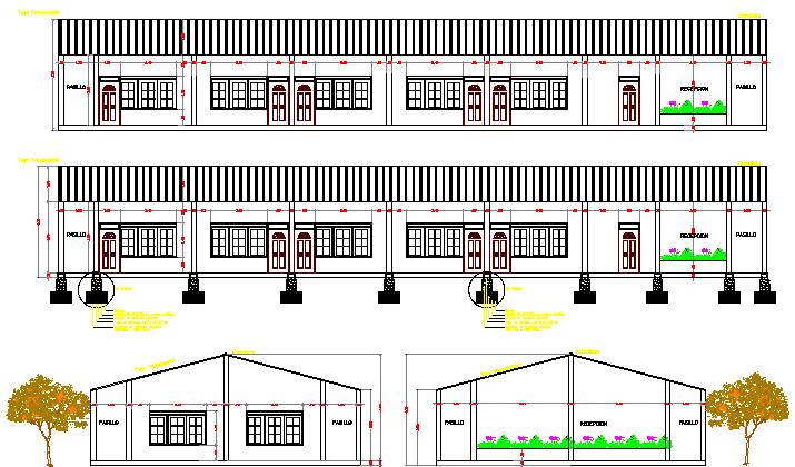 Tourist hotel with roof main elevation and sectional details dwg file