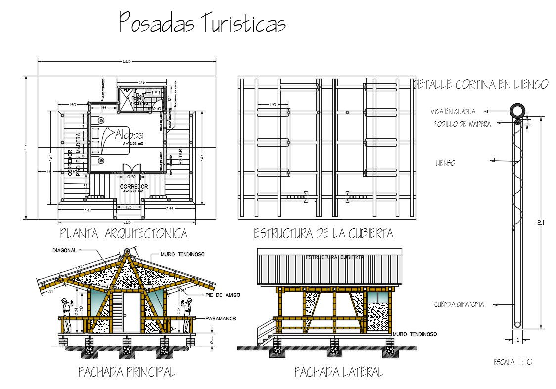Tourist roof house elevation, section, plan and cover plan details dwg file