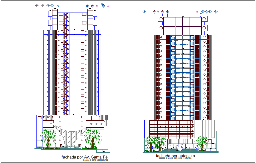 Tower different axis elevation with architectural view dwg file