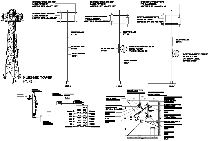 Tower installation with cabin, battery bank and leg installation dwg file
