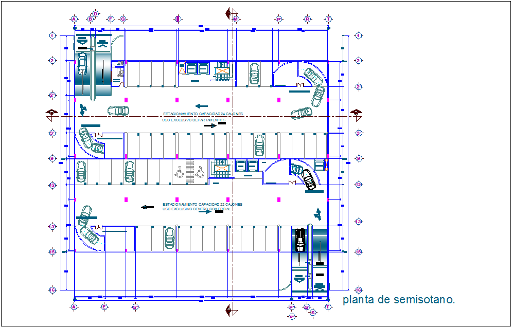 Tower semi basement plan with architectural view dwg file