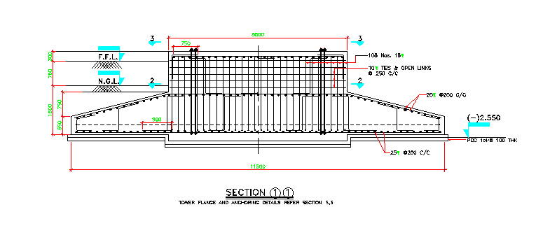 Tower Flange and Anchoring section details are given in this AutoCAD DWG file.Download the CAD DWG file now.
