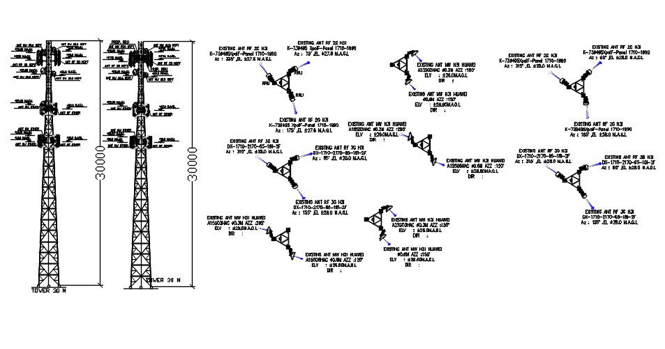 Tower design with antenna details in AutoCAD 2D drawing, dwg file, CAD file
