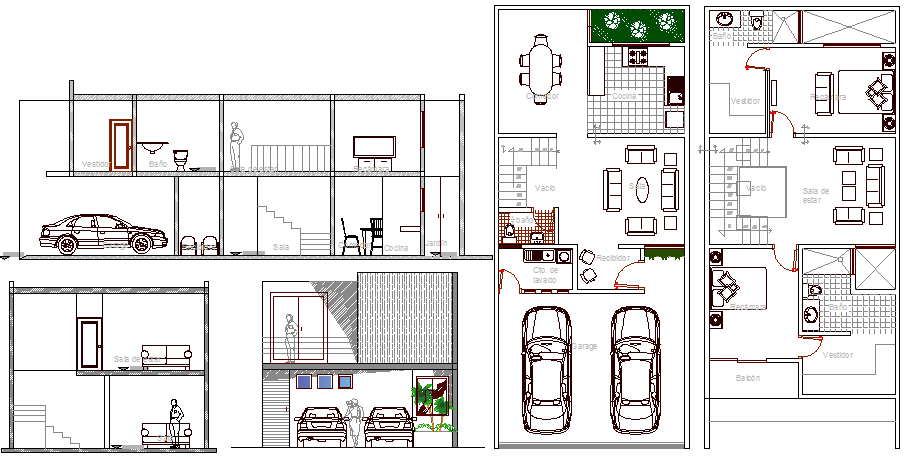 Town house sectional view with floor plan layout details dwg file