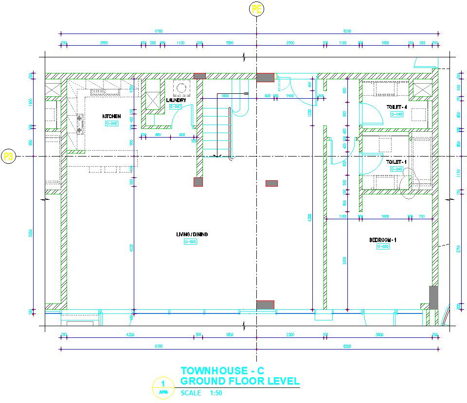 Town house- ground floor level plan in detail AutoCAD drawing