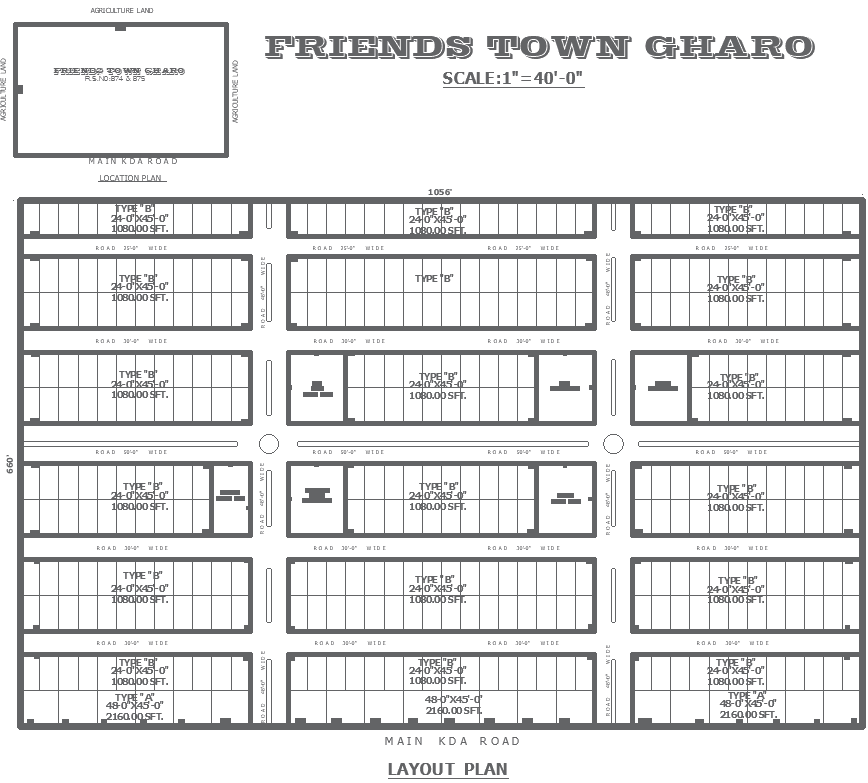 Town planning layout on plot size of 1056ft X 660ft detail DWG AutoCAD drawing