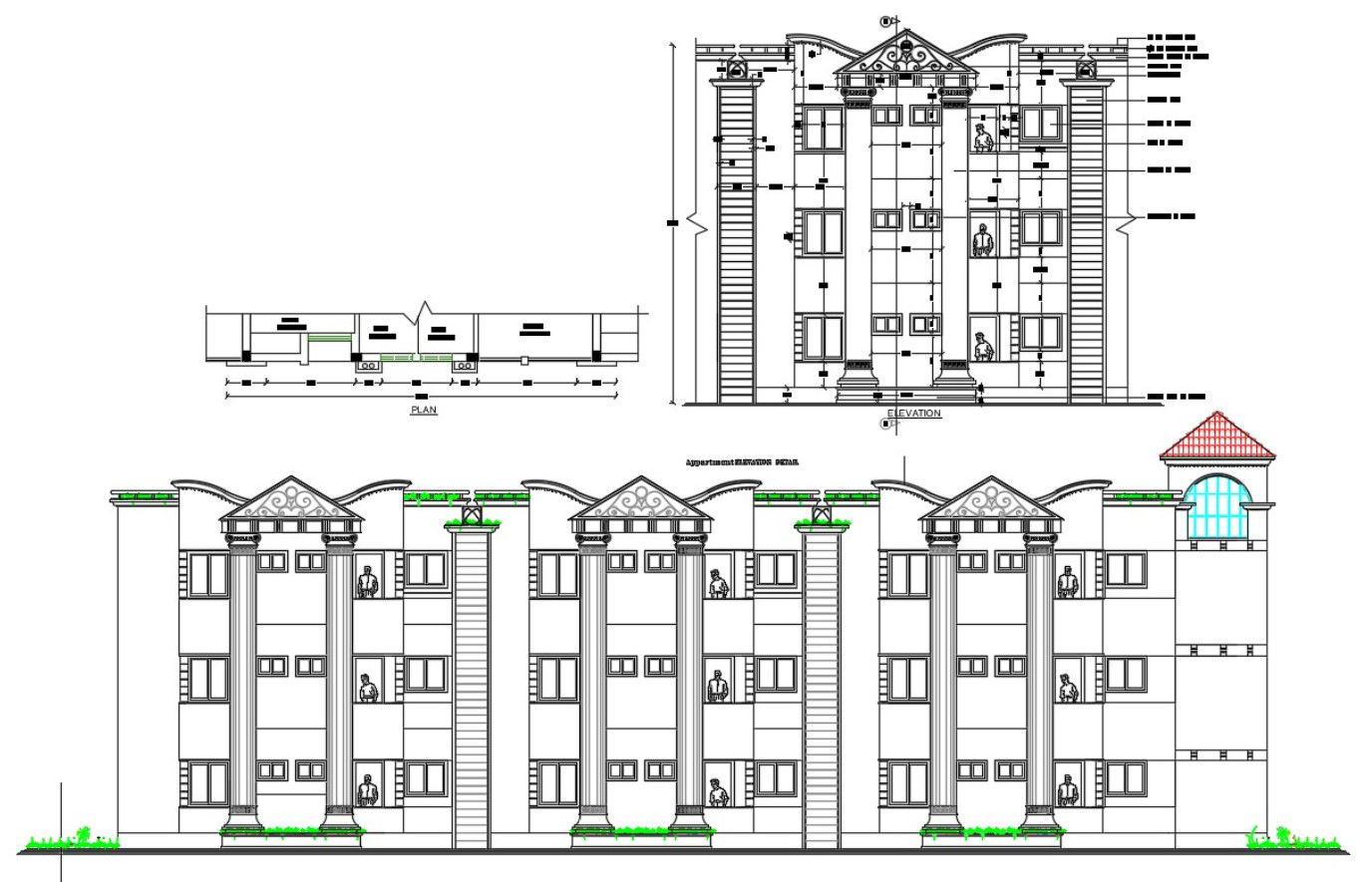 Traditional Building Elevation Design With Working Dimension AutoCAD File