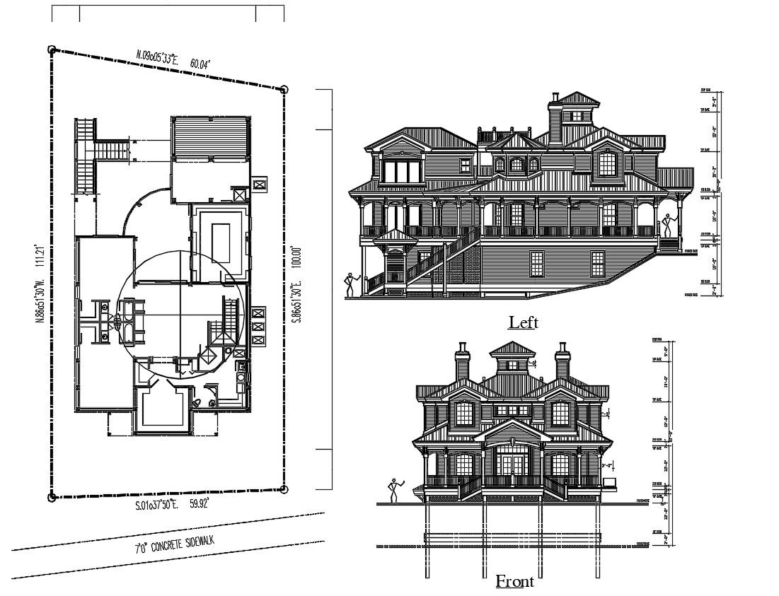 Traditional Bungalow Plan With Elevation CAD Drawing