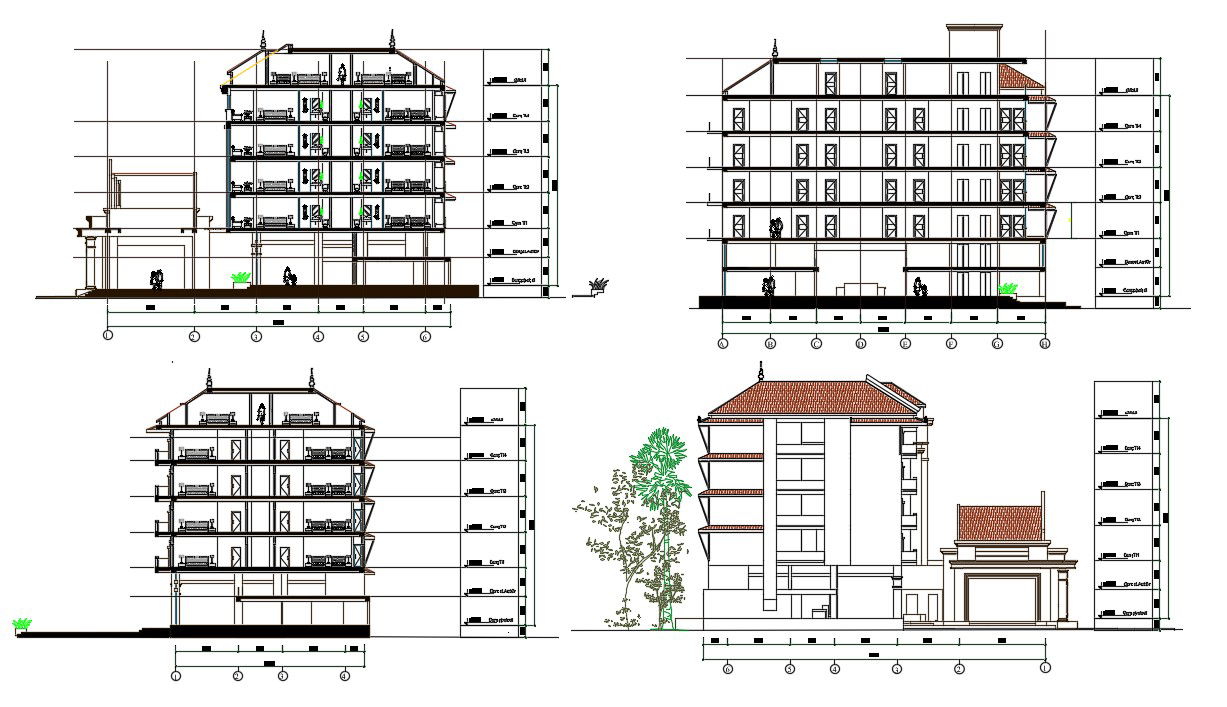 Traditional Elevation And Section Of Apartment Building Design AutoCAD File