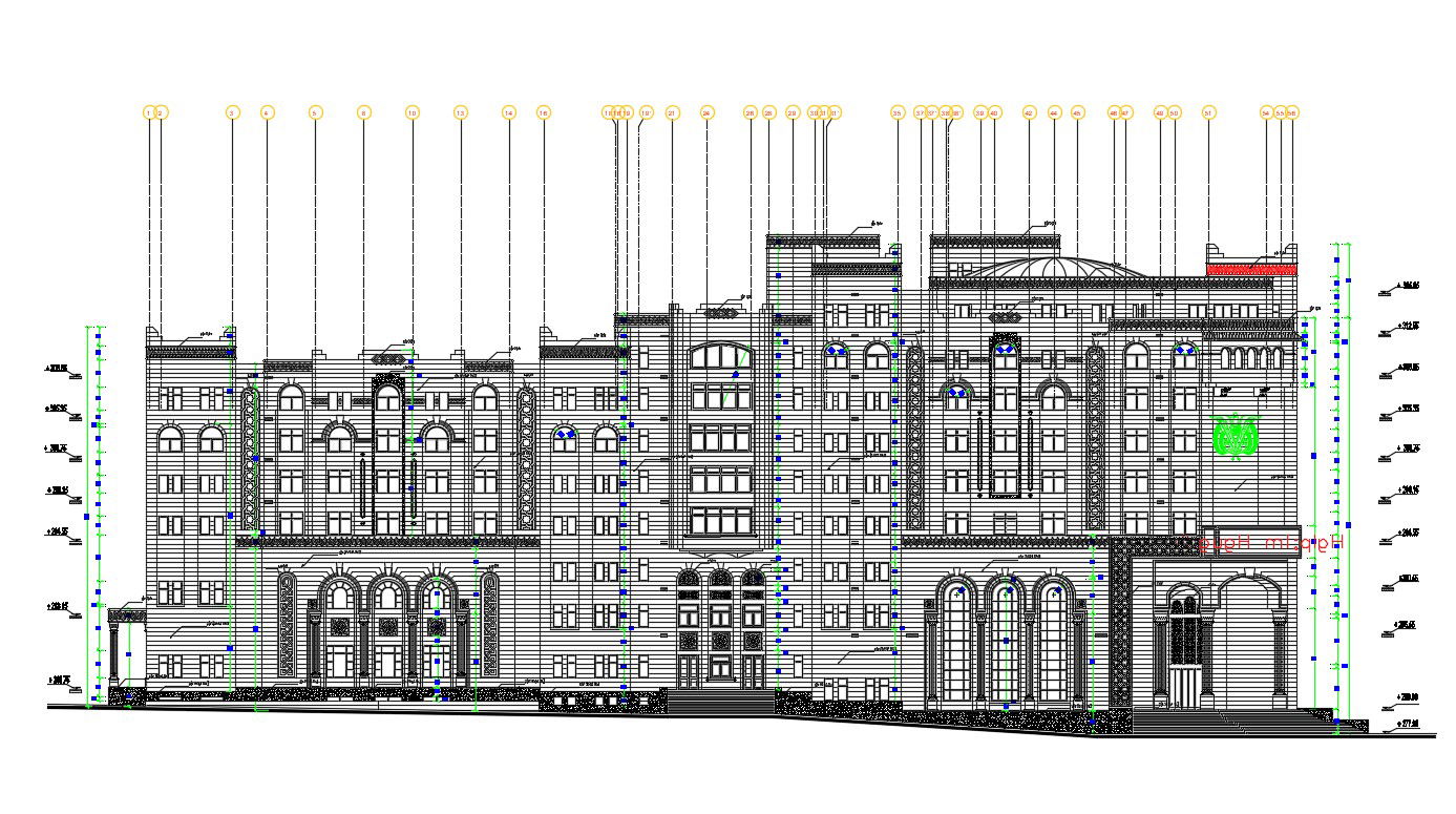 Traditional Elevation Of Commercial Building With Working Drawing AutoCAD File