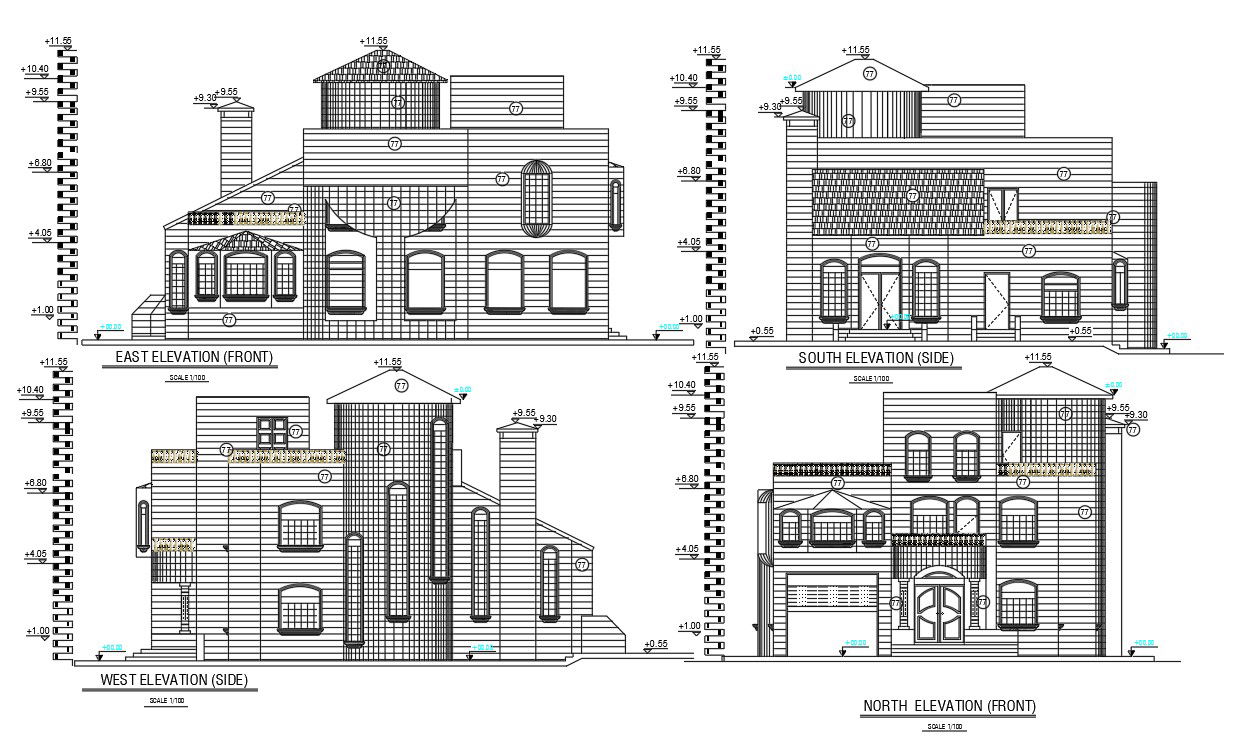 Traditional House Building Elevation Design With Working DWG