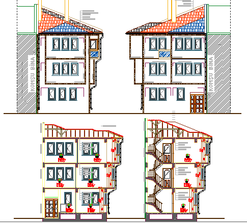 Traditional One Family House Elevation and Section Details dwg file