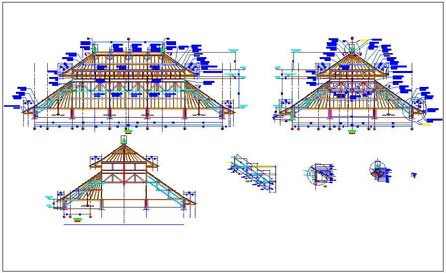 Traditional bale roof different axis section view dwg file