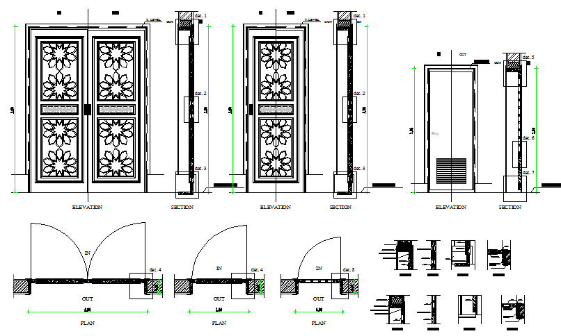 Traditional double and single door installation details dwg file