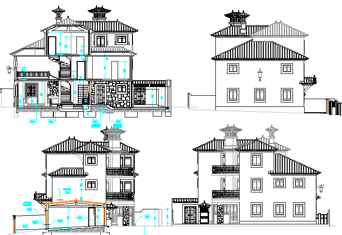 Traditional type two flooring house elevation and sectional details dwg file